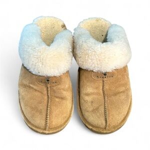 Women’s Bearpaw Loki II Tan Brown Suede Sheepskin Clog Slippers Slides Size 8